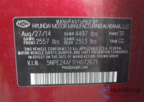 2015 Hyundai Sonata Se from USA, damaged, VIN 5NPE24AF1FH072671